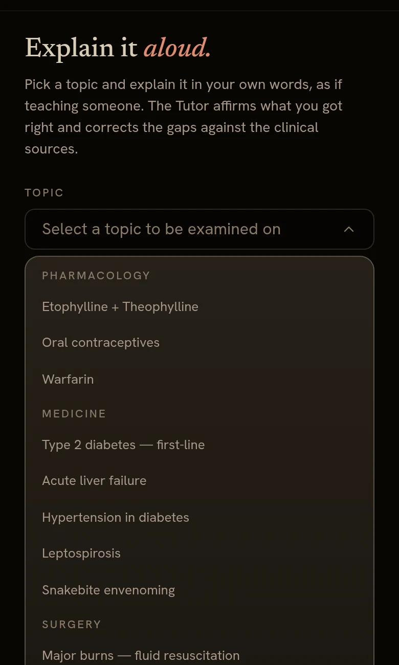 The Viva topic picker open, listing topics under Pharmacology, Medicine and Surgery